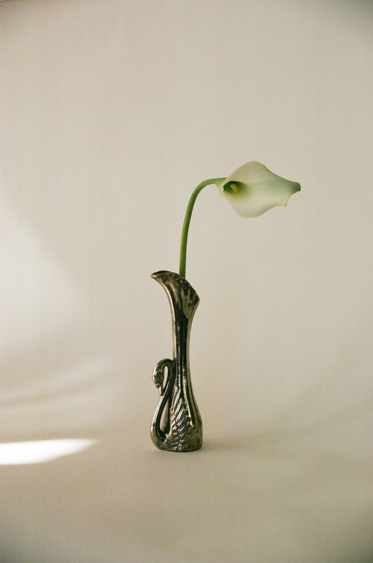 Petite Silver Plated Swan Bud Vase with Patina