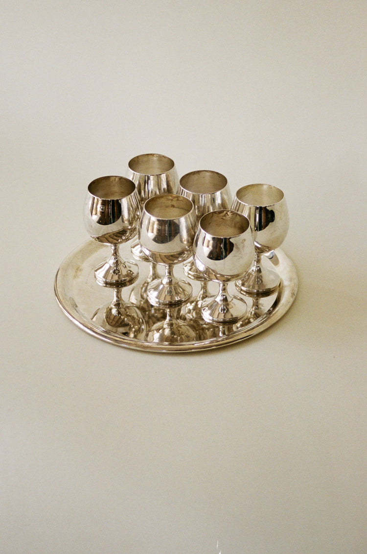 Vintage Silver-Plated Goblet Set (Set of 6 with Serving Tray)