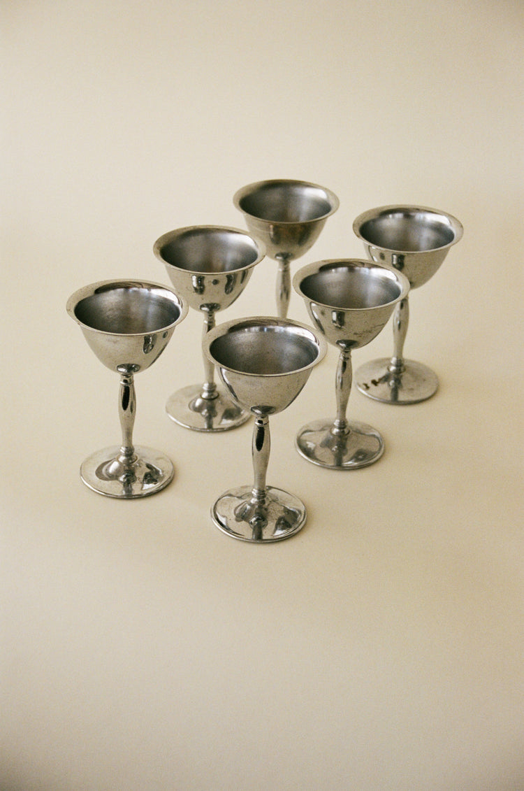 Set of Six Stainless Steel Goblets with Aged Patina