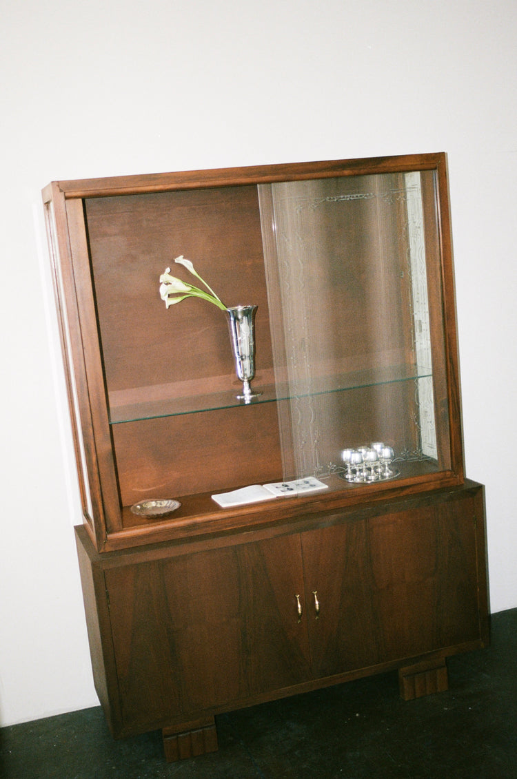 Art-Deco Influenced Display Cabinet with Etched Sliding Glass Doors