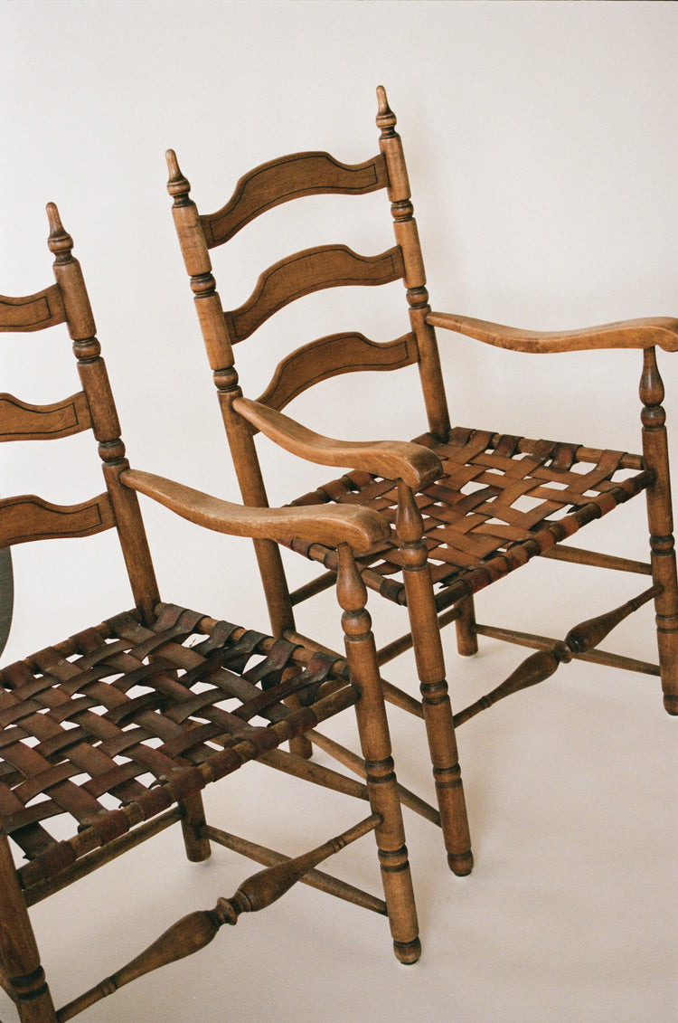 Antique Ladderback Armchair with Woven Leather Seating - 2 Available