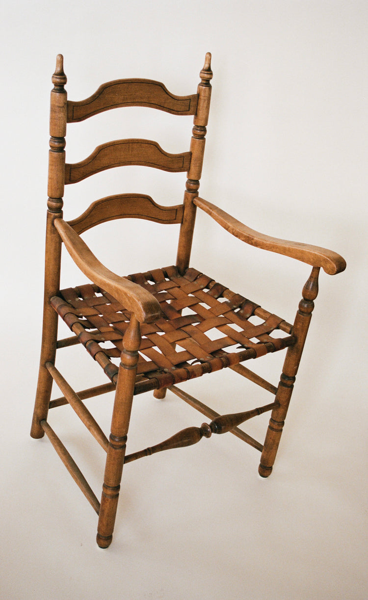 Antique Ladderback Armchair with Woven Leather Seating - 2 Available