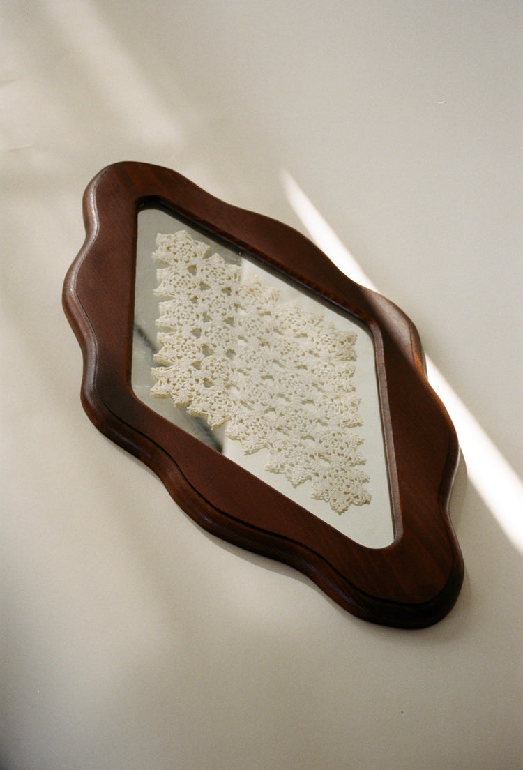 Wood Framed Mirror with Crochet Textile