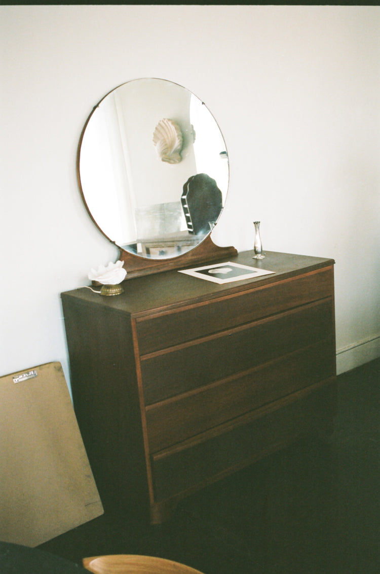 Vintage Art Deco Style Wood Dresser with Round Mirror