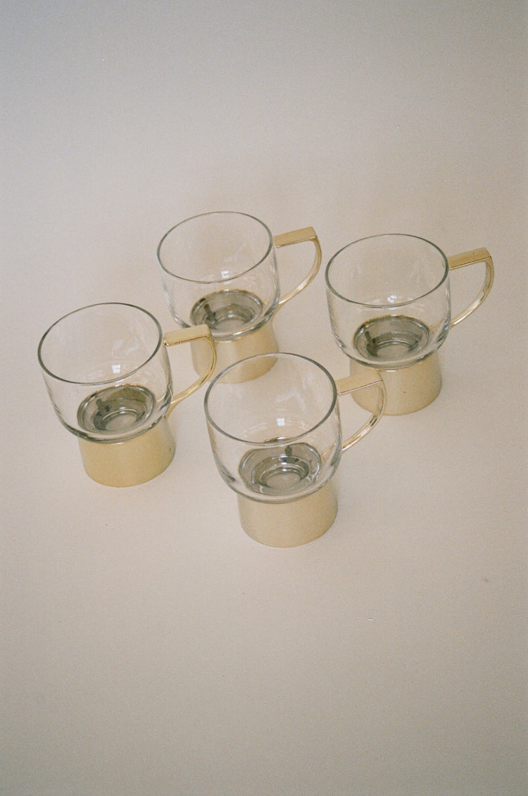 Vintage Glass Cups with Gold-Tone Carriers, Set of 4