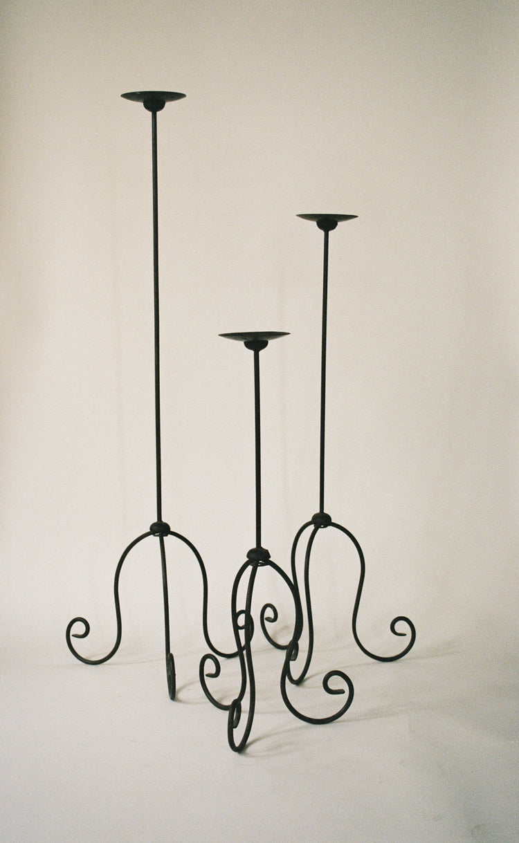 Vintage Sculptural Metal Floor Candle Holder Set