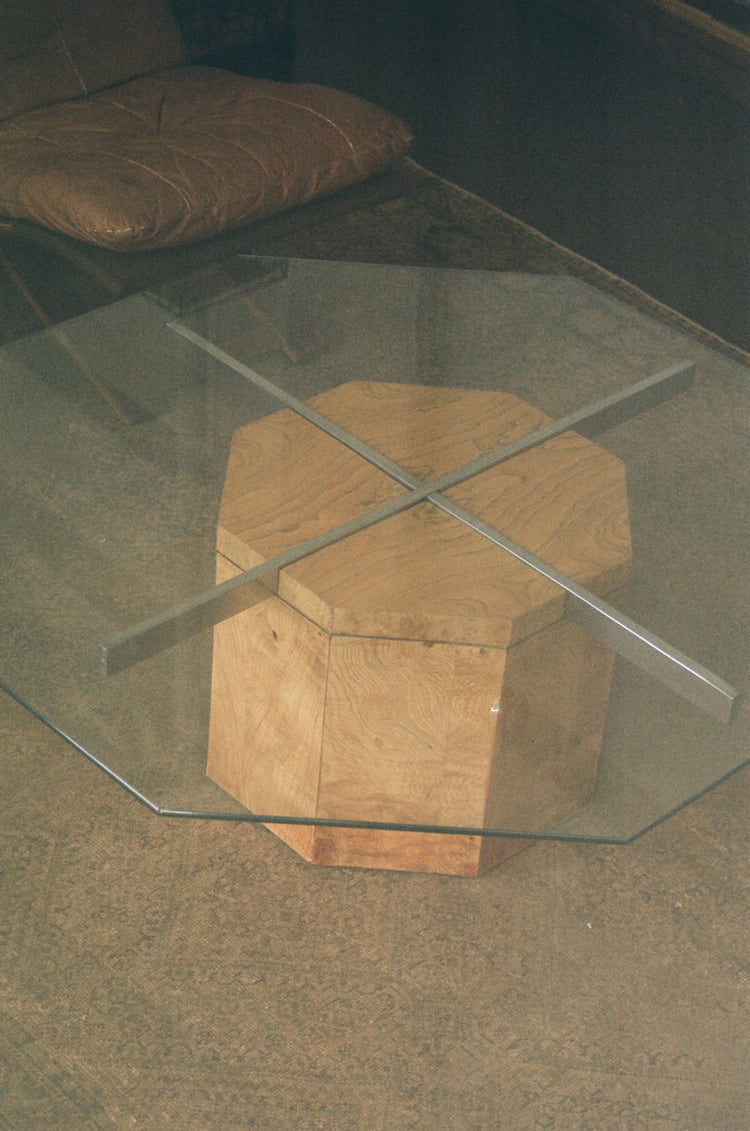 Burlwood Glass Top Coffee Table by Lane with Chrome Accents