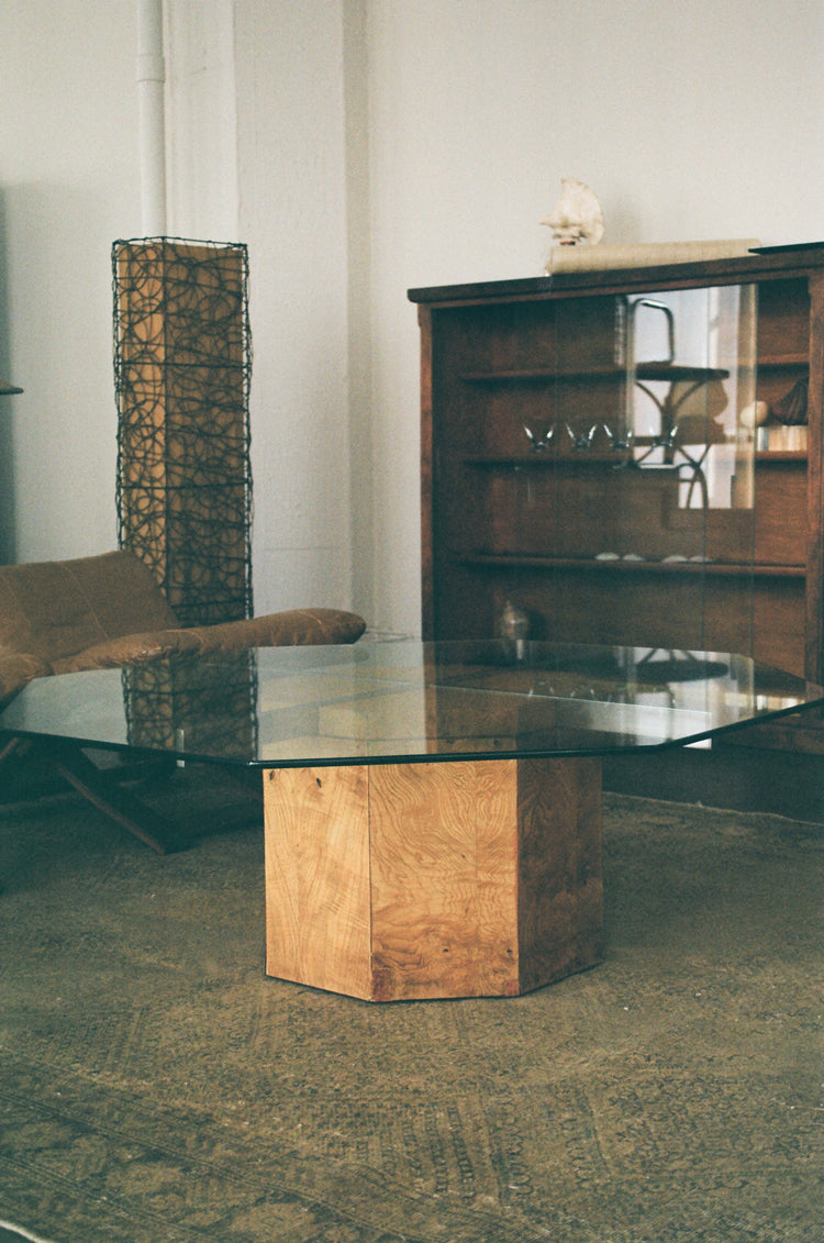 Burlwood Glass Top Coffee Table by Lane with Chrome Accents