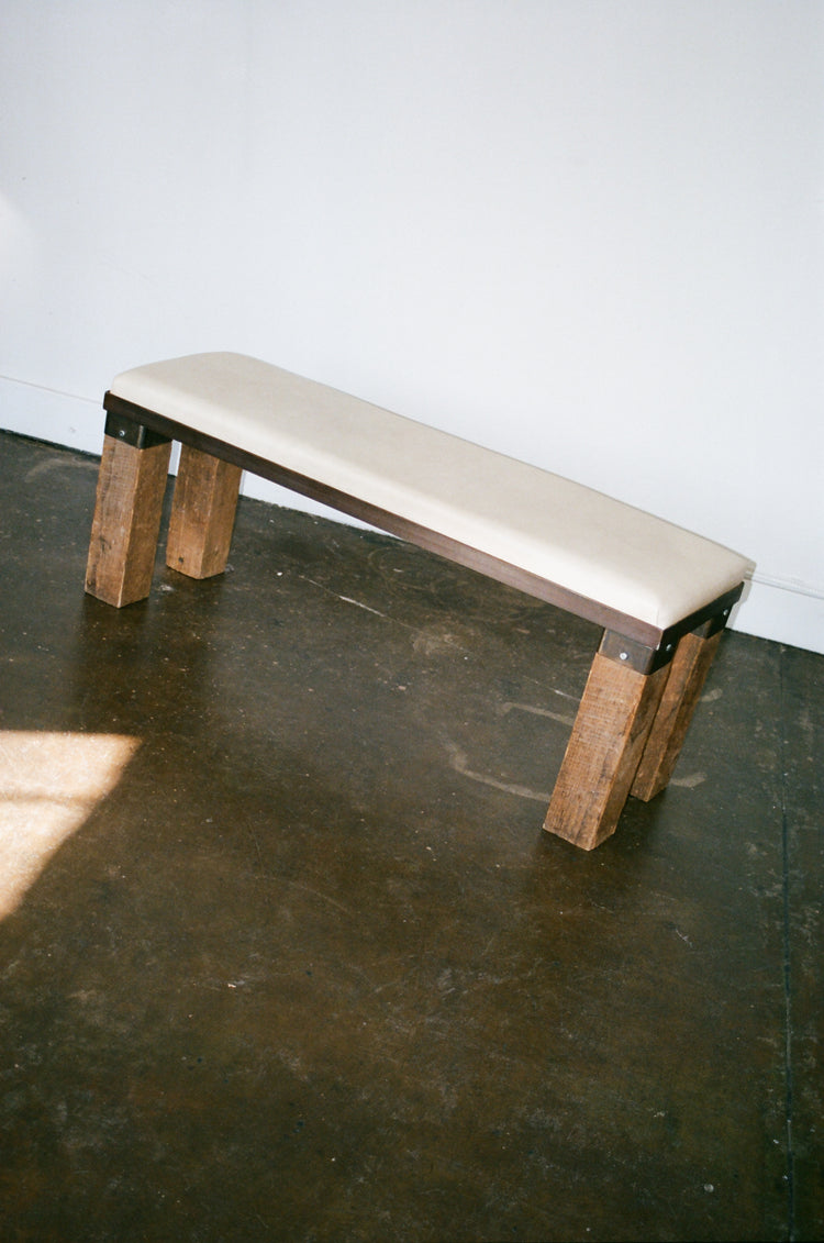 Cream Leather Bench with Block Wood Legs