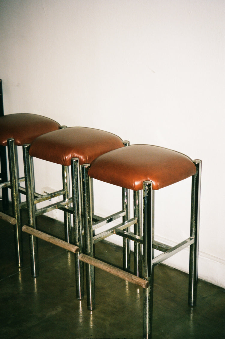 Set of Three Vintage Leather and Chrome Barstools