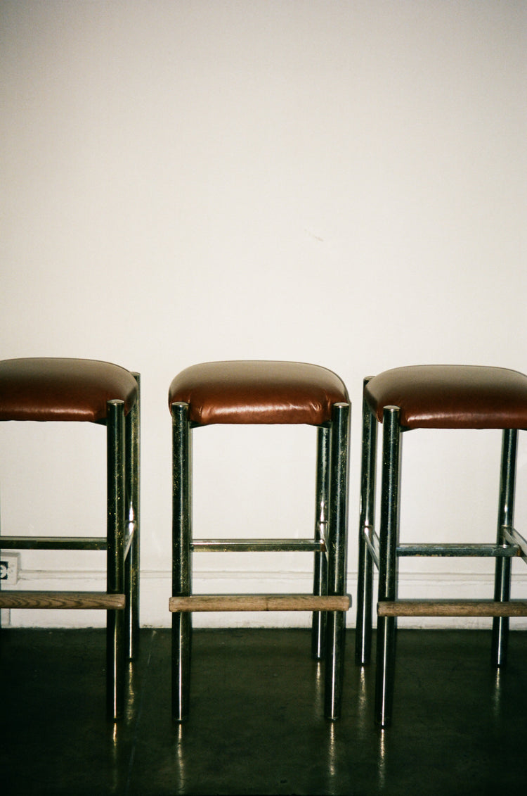 Set of Three Vintage Leather and Chrome Barstools