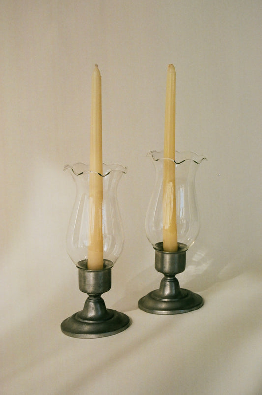 Pewter and Glass Candle Holder Set