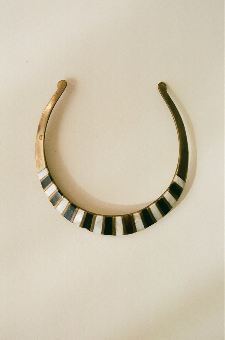 Vintage Brass Collar Necklace with Mother of Pearl Inlay
