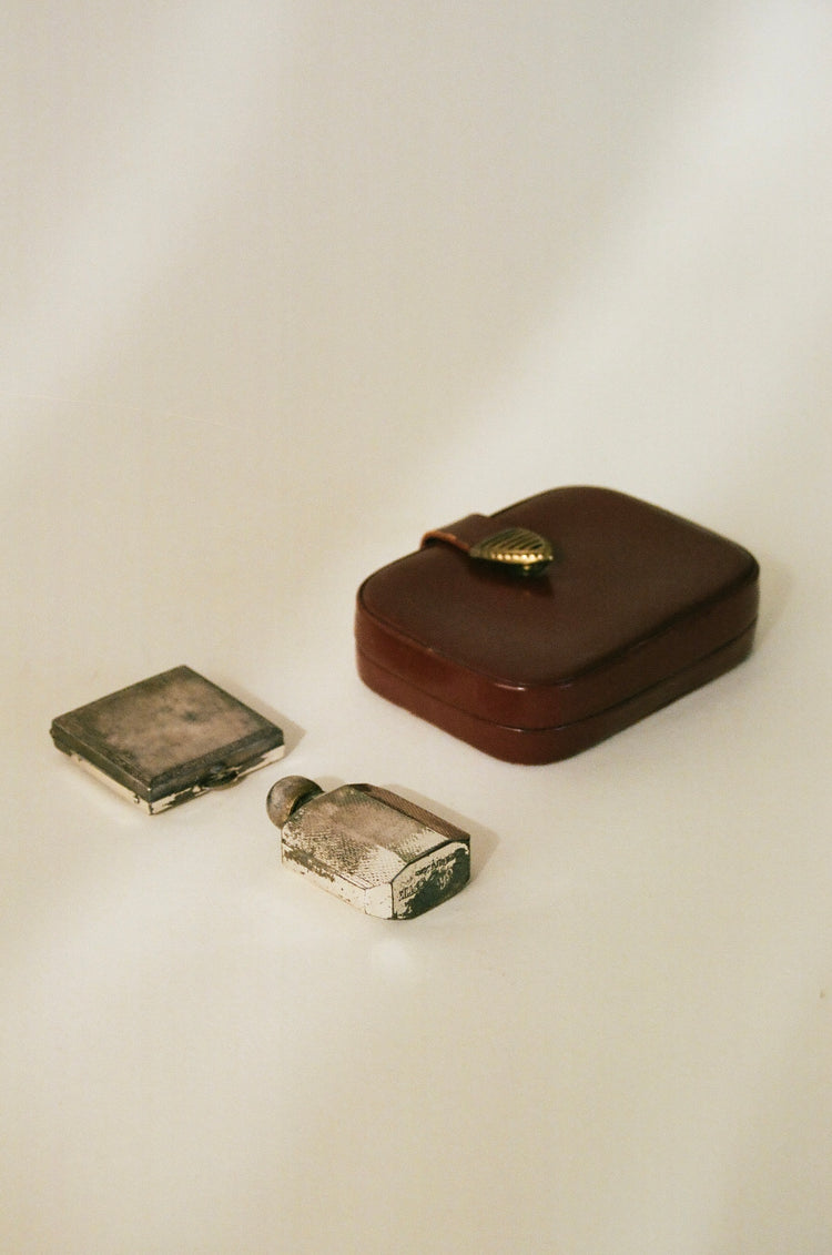 Antique Leather Case with Compact Mirror and Perfume Bottle