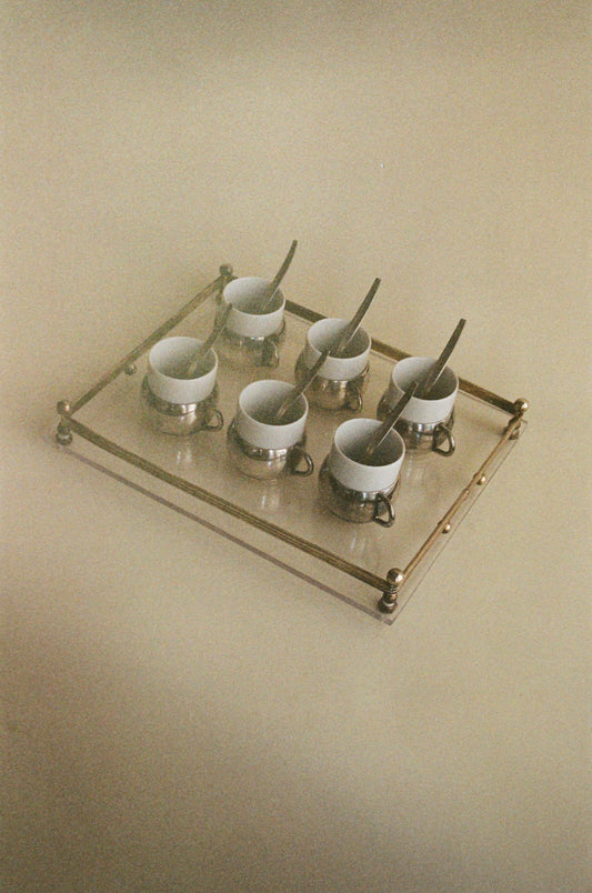 Vintage Espresso Set with Silver Plate Holders, Set of 6