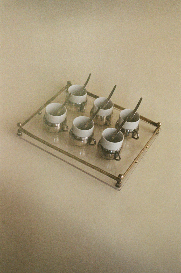 Vintage Espresso Set with Silver Plate Holders, Set of 6