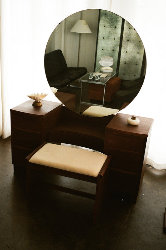 Vintage Art Deco Wood Vanity with Round Mirror and Bench