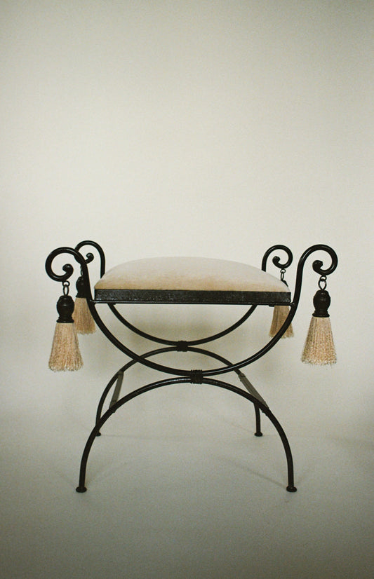 Vintage Metal Vanity Bench with Tassel Detail, Newly Reupholstered