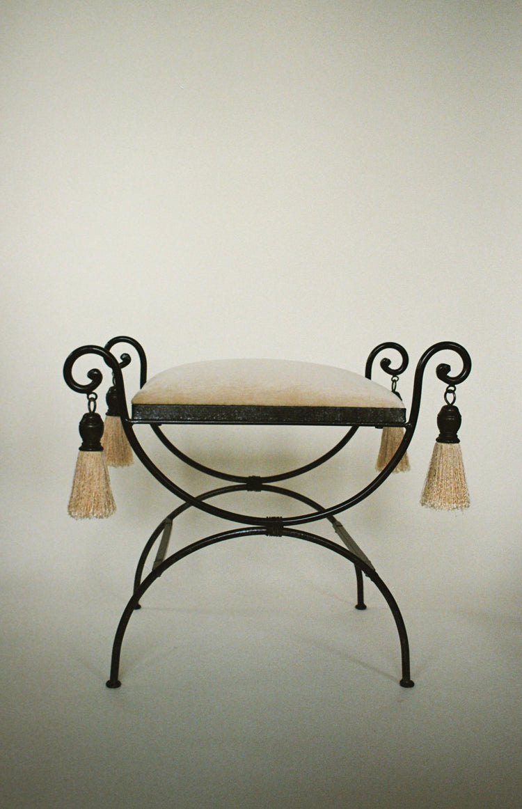Vintage Metal Vanity Bench with Tassel Detail, Newly Reupholstered