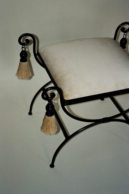 Vintage Metal Vanity Bench with Tassel Detail, Newly Reupholstered