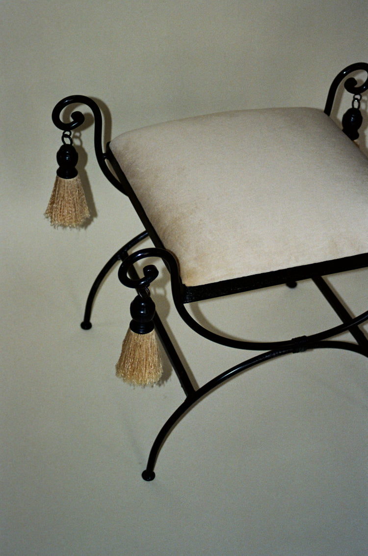 Vintage Metal Vanity Bench with Tassel Detail, Newly Reupholstered