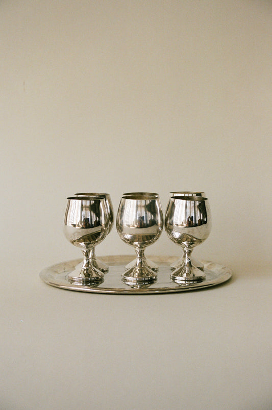 Vintage Silver-Plated Goblet Set (Set of 6 with Serving Tray)