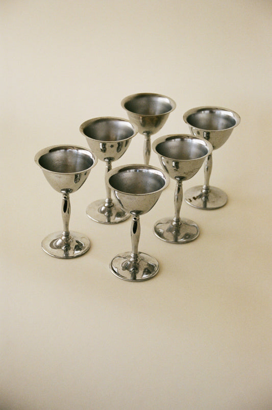 Set of Six Stainless Steel Goblets with Aged Patina