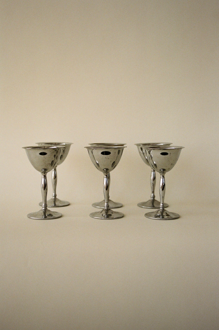 Set of Six Stainless Steel Goblets with Aged Patina