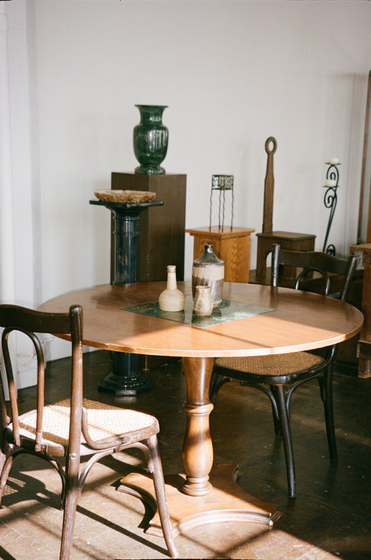 Vintage Handmade Wood Dining Table with Green Marble Inlay