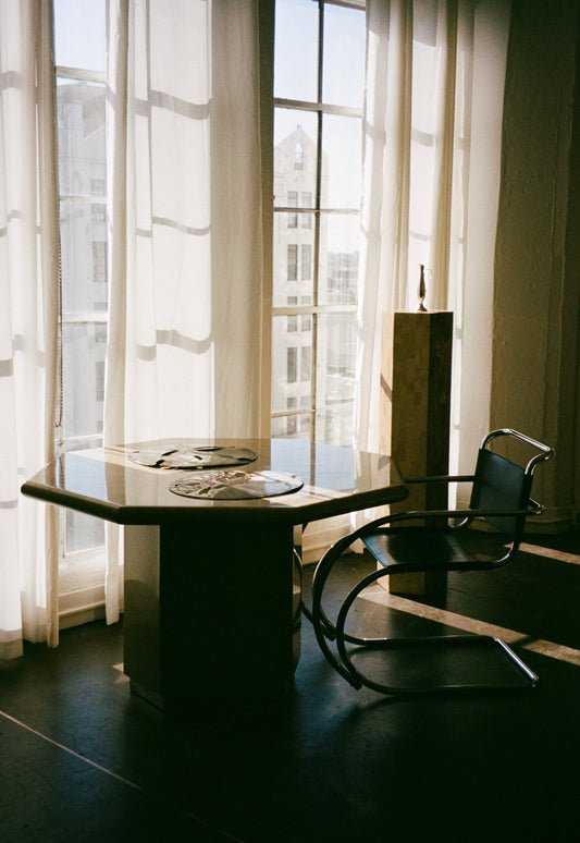 Post-Modern Beige Octagonal Laminate Dining Table with a Chrome Base