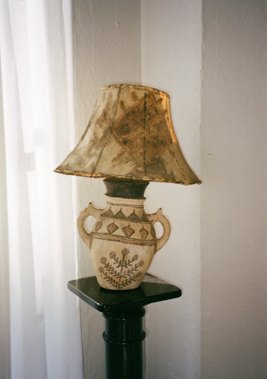 Hand-Painted Terracotta Table Lamp with Rawhide Shade