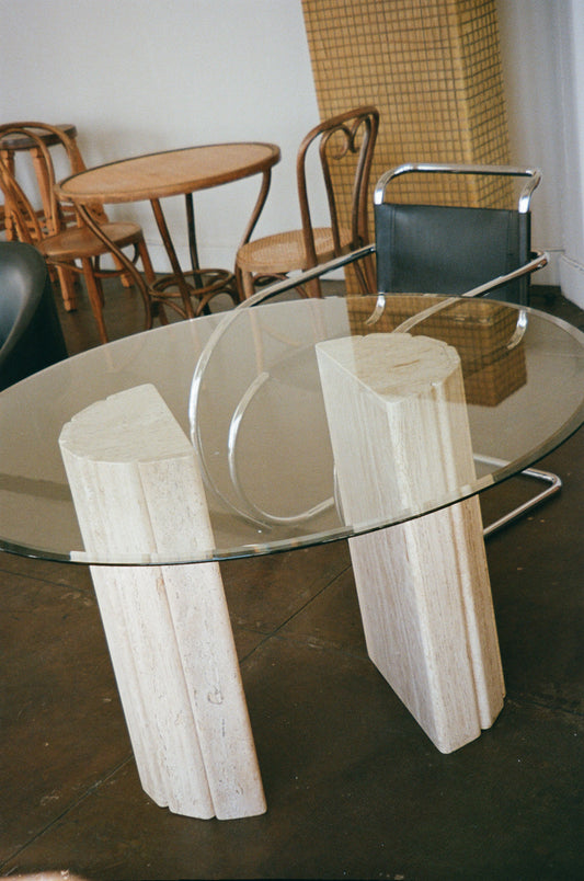 Fluted Travertine Pedestal Dining Table with Beveled Glass