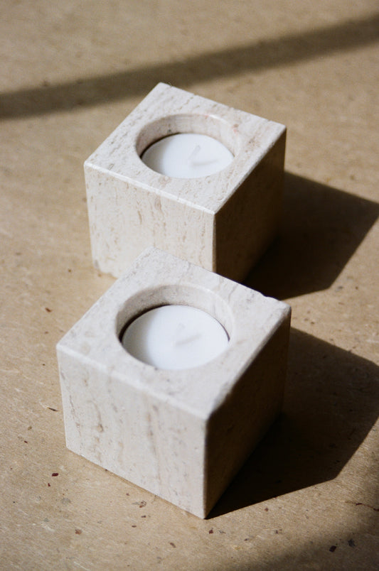 Pair of Petite Travertine Tealight Candle Holders