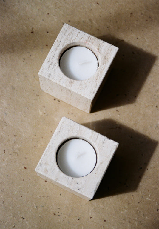 Pair of Petite Travertine Tealight Candle Holders