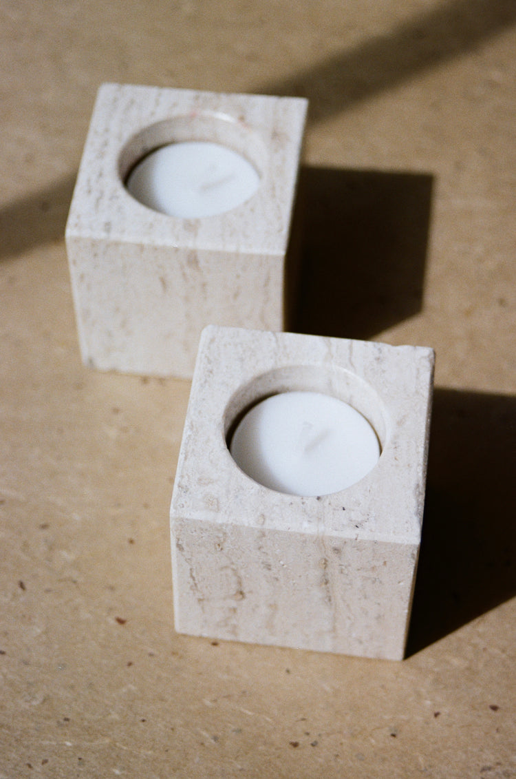 Pair of Petite Travertine Tealight Candle Holders