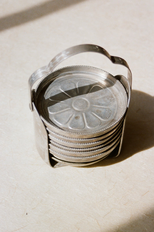 Vintage Aluminum Metal Drink Coasters with Caddy Holder