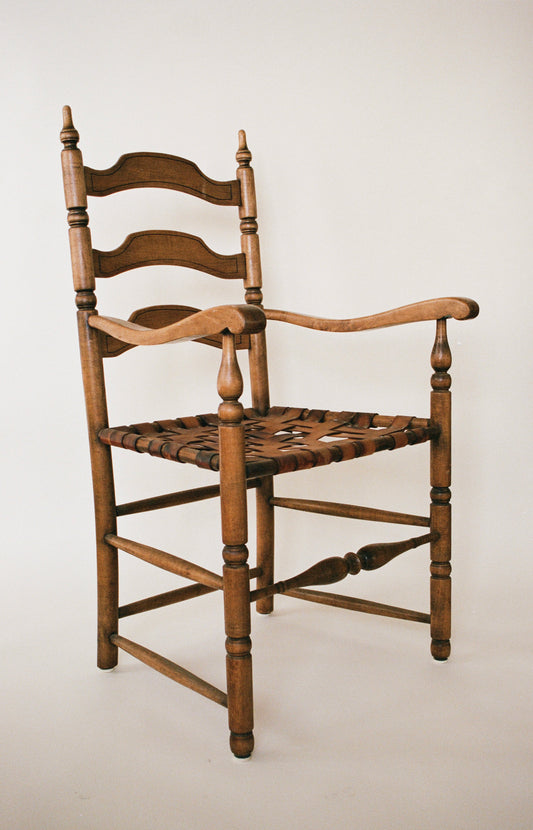 Antique Ladderback Armchair with Woven Leather Seating - 2 Available
