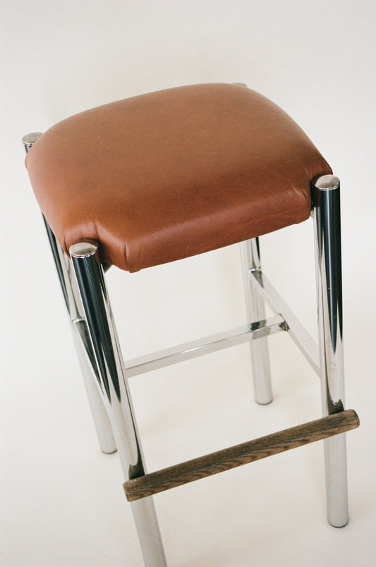 Chrome and Leather Bar Stool with a Wood Accent
