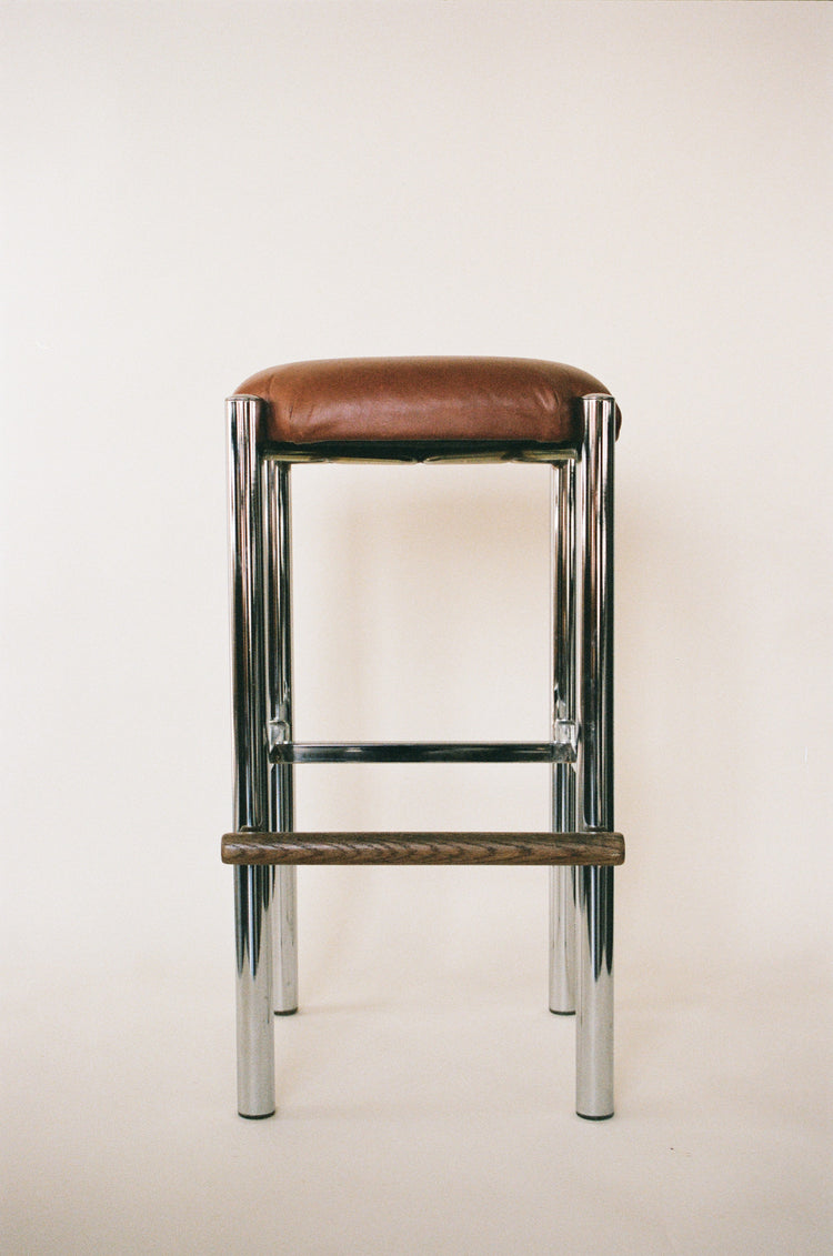 Chrome and Leather Bar Stool with a Wood Accent