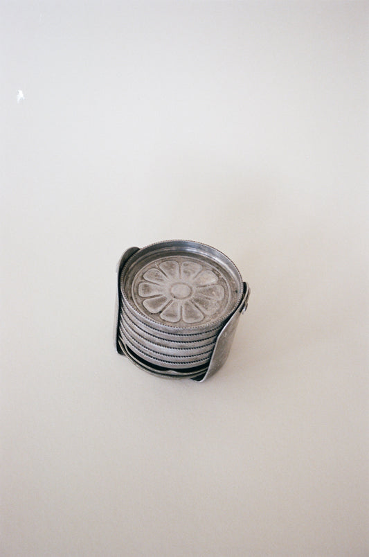 Vintage Aluminum Metal Drink Coasters with Caddy Holder