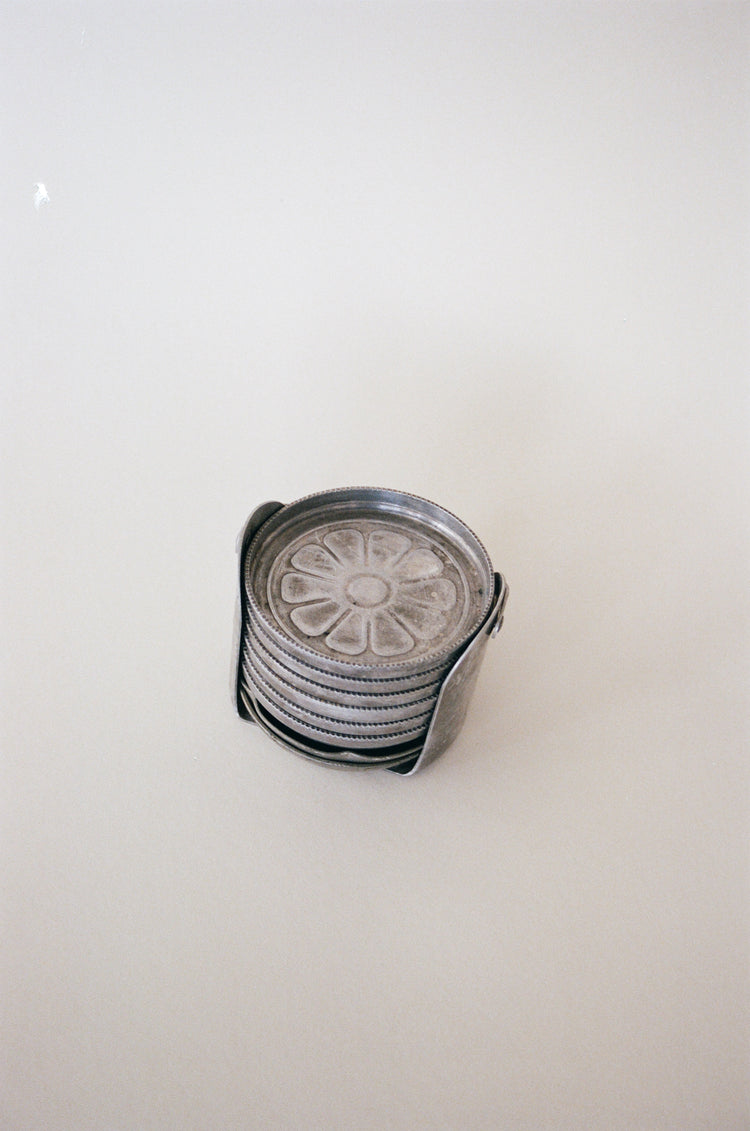Vintage Aluminum Metal Drink Coasters with Caddy Holder