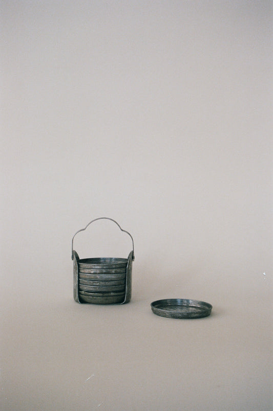 Vintage Aluminum Metal Drink Coasters with Caddy Holder