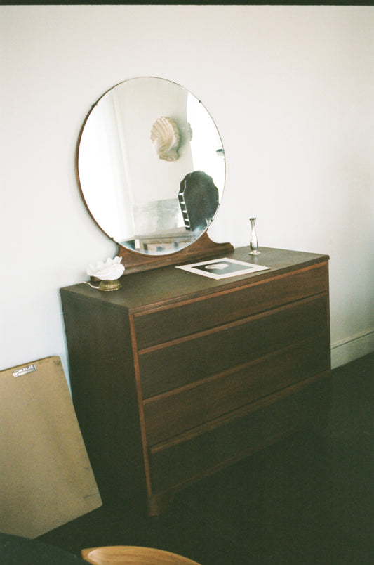 Vintage Art Deco Style Wood Dresser with Round Mirror