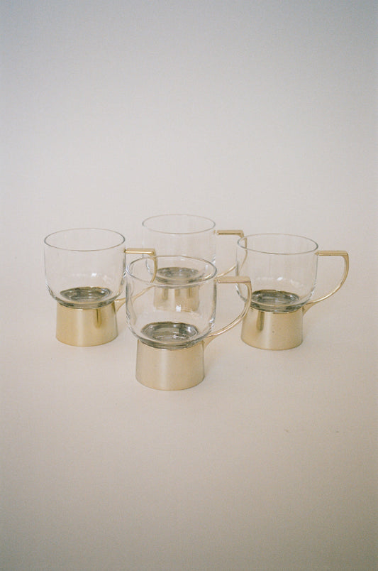 Vintage Glass Cups with Gold-Tone Carriers, Set of 4
