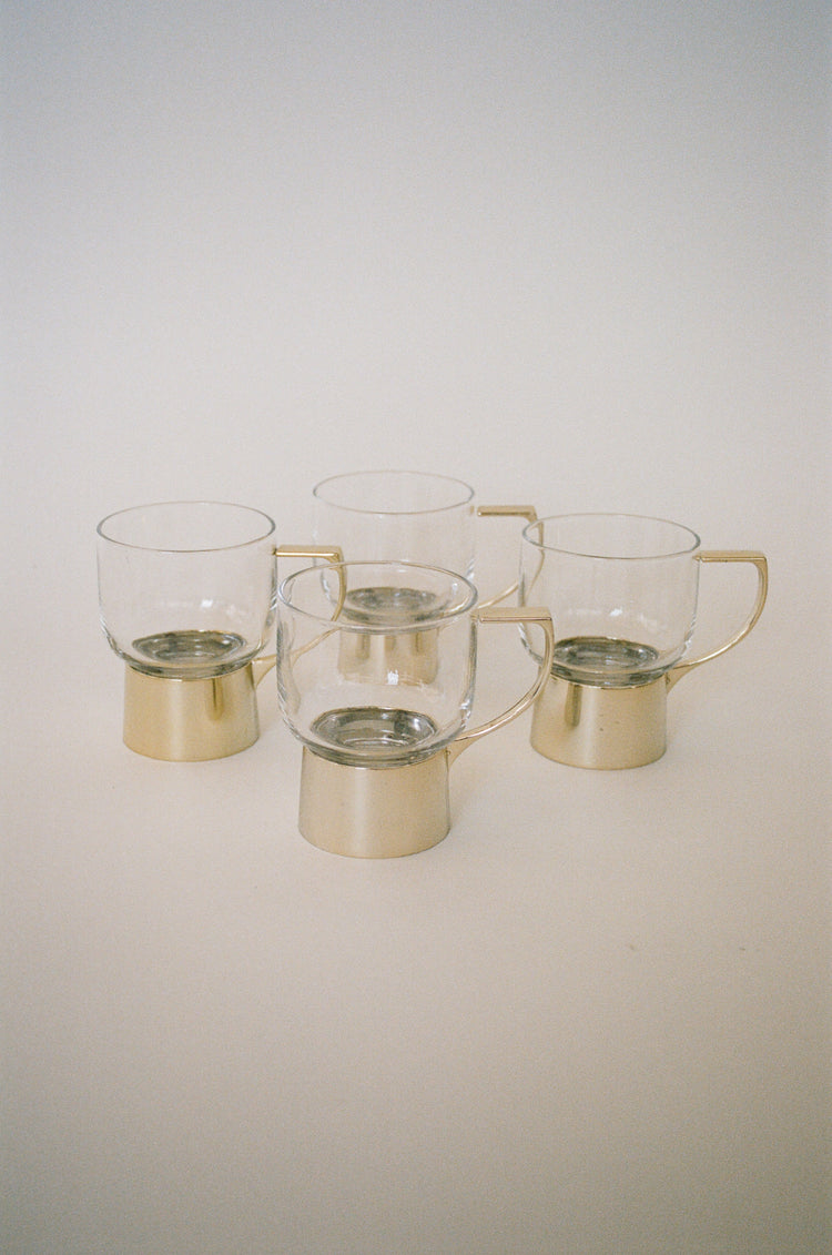 Vintage Glass Cups with Gold-Tone Carriers, Set of 4