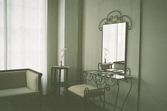 Vintage 3-Piece Wrought Iron Scrollwork Vanity Set with Mirror and Bench