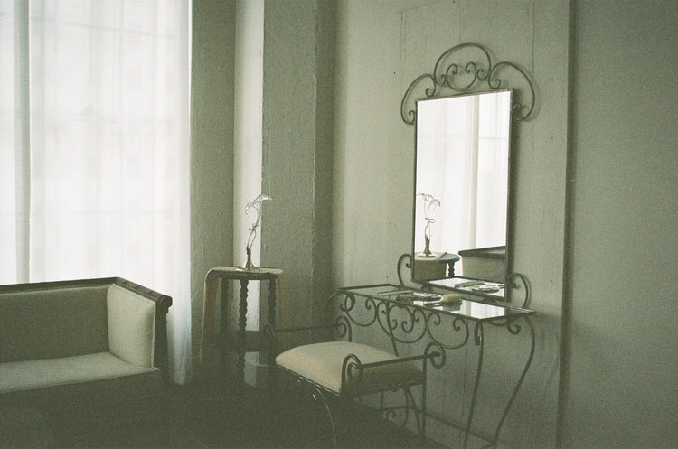 Vintage 3-Piece Wrought Iron Scrollwork Vanity Set with Mirror and Bench