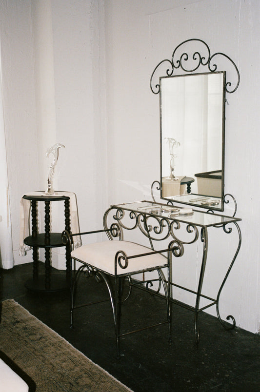 Vintage 3-Piece Wrought Iron Scrollwork Vanity Set with Mirror and Bench