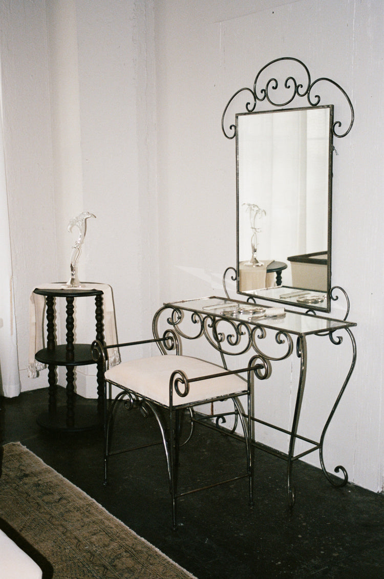 Vintage 3-Piece Wrought Iron Scrollwork Vanity Set with Mirror and Bench