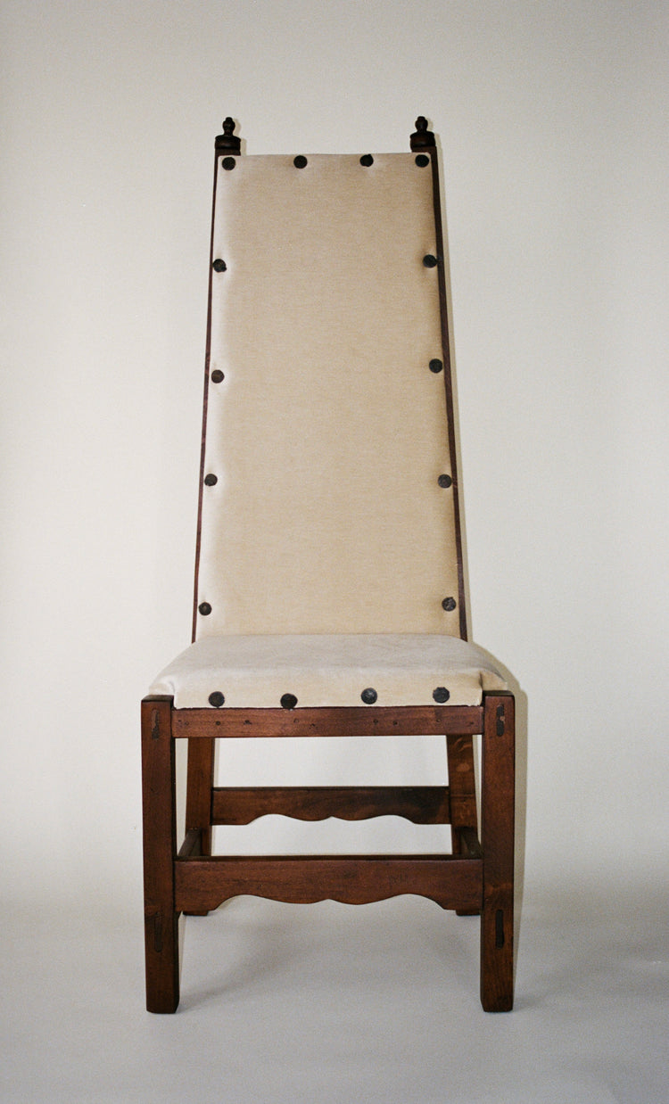 Vintage Sculptural High-Back Wood Upholstered Chair